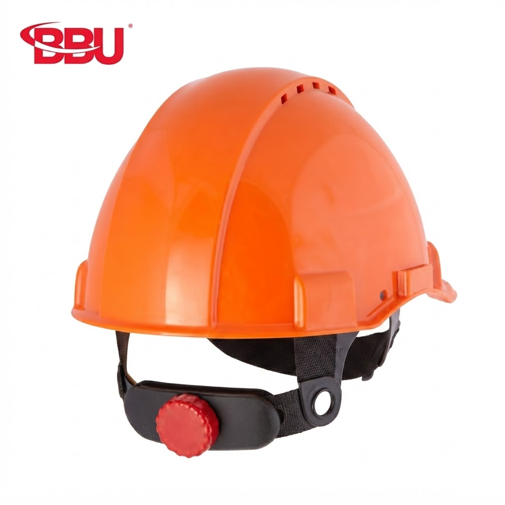Orange construction hard hat with chin strap and red adjustment dial (BBU logo in corner).