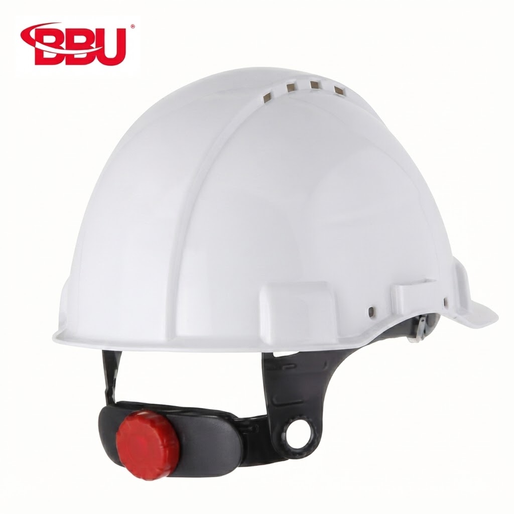 White hard hat with black suspension and red adjustment knob, used for construction safety by BBU