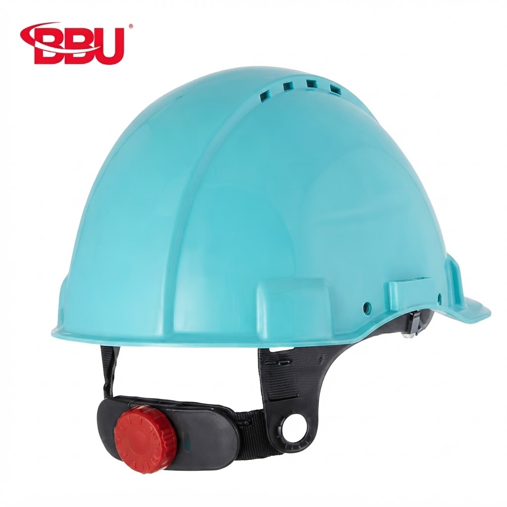 Turquoise safety helmet with adjustable chin strap and red dial adjuster, brand BBU visible in top left corner (product photo).