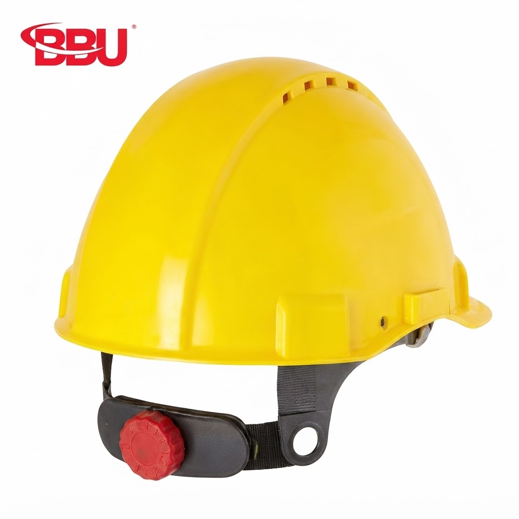 Yellow hard hat with adjustable chin strap and red sizing dial, featuring a BBU logo in the corner (construction safety helmet).
