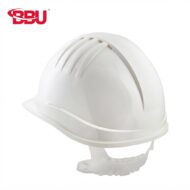 White hard hat with vent slots and an adjustable chin strap on a plain background (BBU logo in the corner)