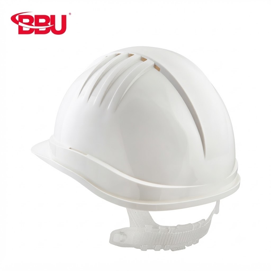 White hard hat with vent slots and an adjustable chin strap on a plain background (BBU logo in the corner)