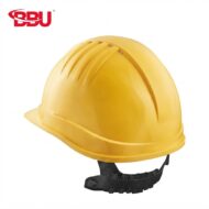 Yellow safety helmet with an adjustable chin strap, shown on a white background (BBU logo in corner).