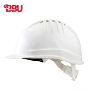 White hard hat with vent slots and chin strap, against a white background; BBU logo in the upper-left corner.