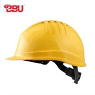 Yellow hard hat with adjustable chin strap, a safety helmet for construction or industrial use. Brand logo text 'BBU' visible in the corner.