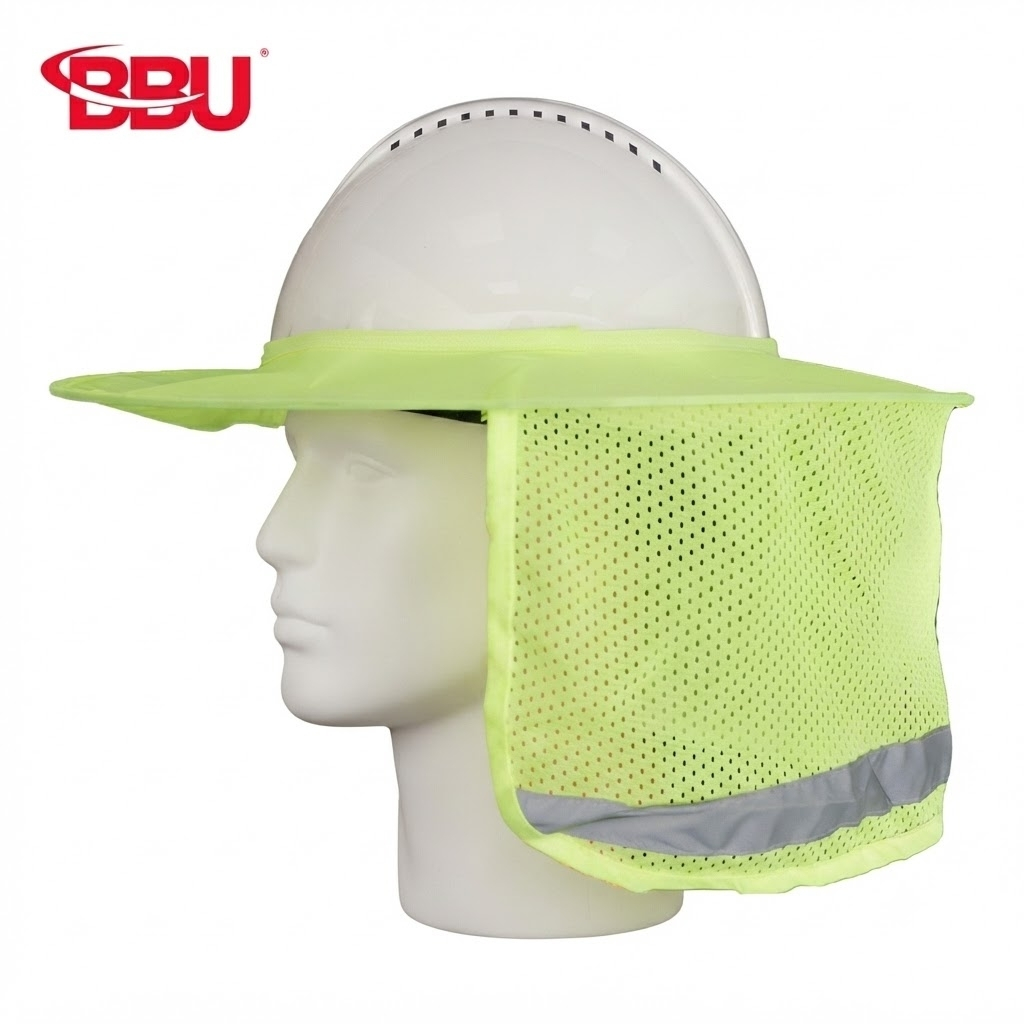 High‑visibility neon sun hat with a wide brim and mesh neck shield shown on a mannequin for sun protection while outdoors, brand logo in top left.
