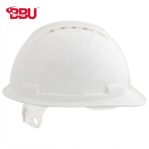 White safety hard hat with vent slots and adjustable chin strap, featuring a red BBU logo in the corner