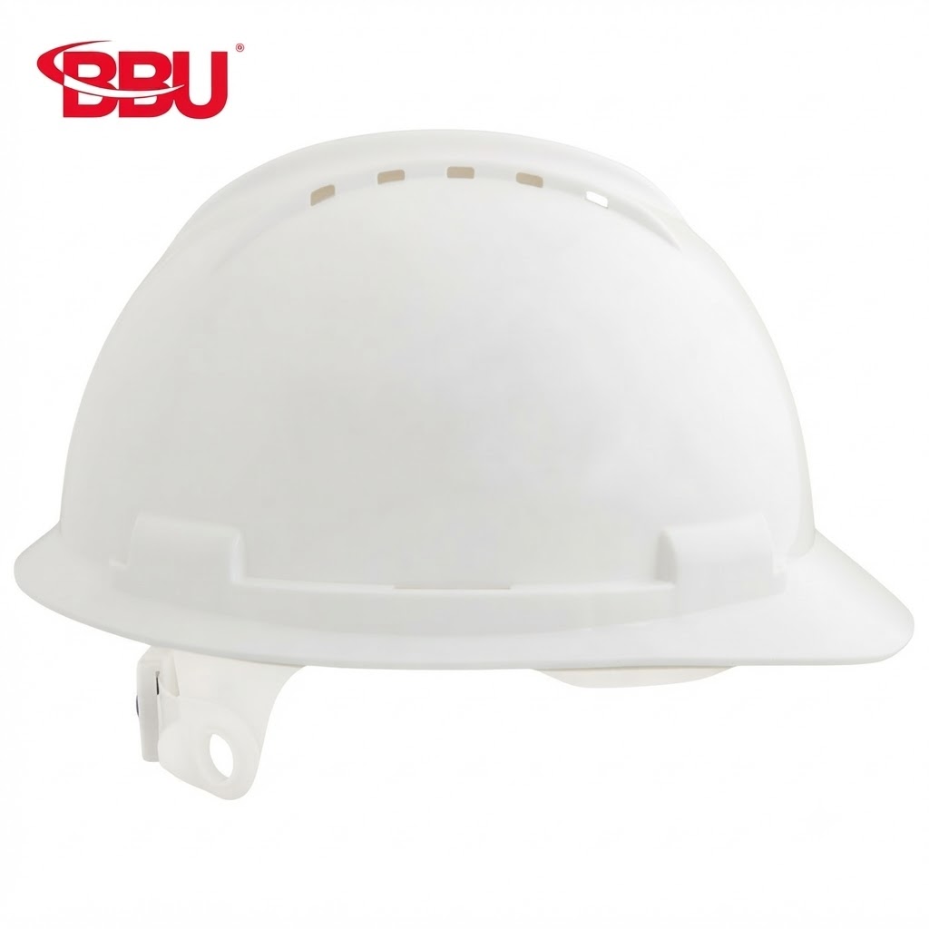 White safety hard hat with vent slots and adjustable chin strap, featuring a red BBU logo in the corner