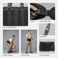 Close-up of a black back-support belt showing strap weave and stitching details.