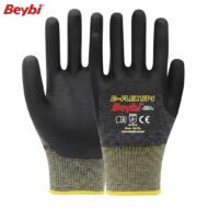 Pair of black protective work gloves with yellow cuff trim, Beybi B-FLEX14 model