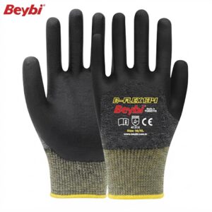 Pair of black protective work gloves with yellow cuff trim, Beybi B-FLEX14 model