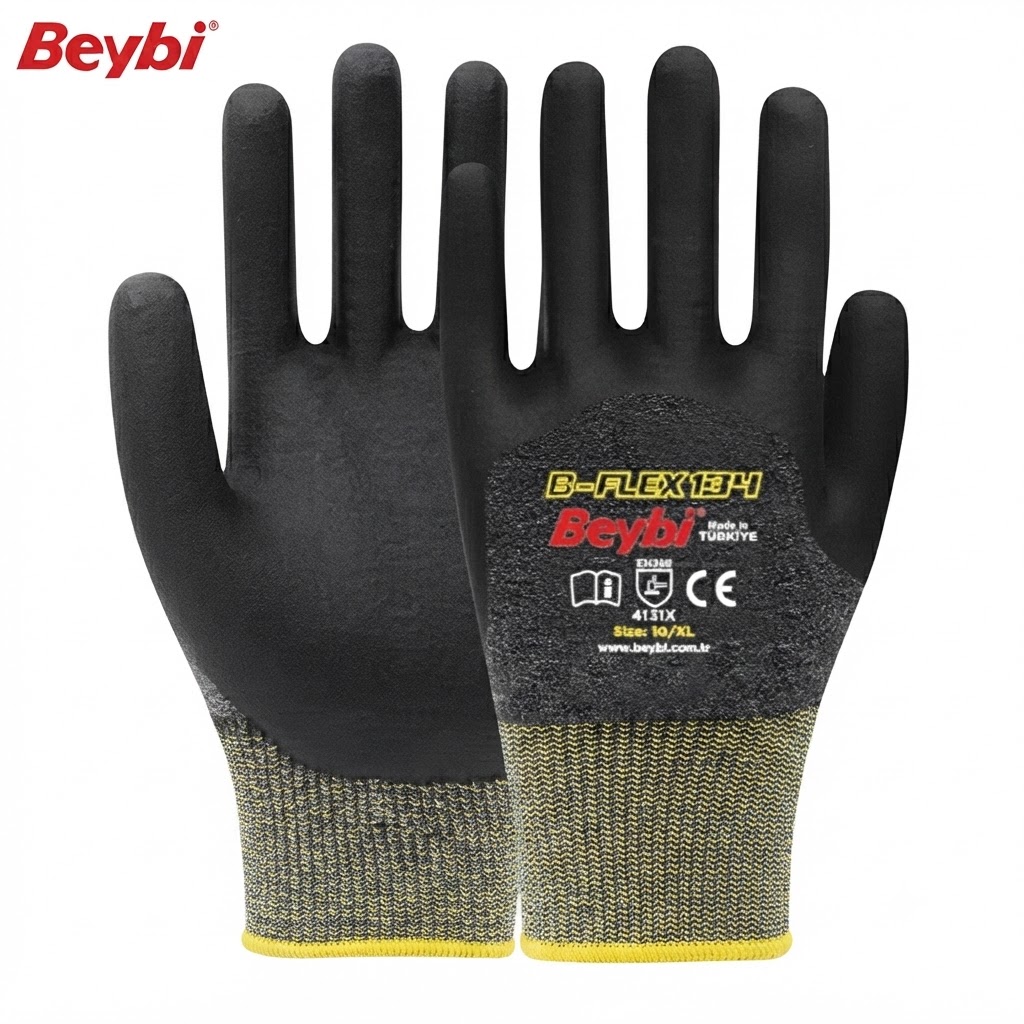 Pair of black protective work gloves with yellow cuff trim, Beybi B-FLEX14 model