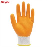 Orange safety glove with textured palm and fingers, white knitted wrist band, Beybi logo in the top-left corner.