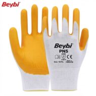 Pair of Beybi PN5 protective work gloves with yellow latex coating on the palms and fingers, white knit back, size 10/XL