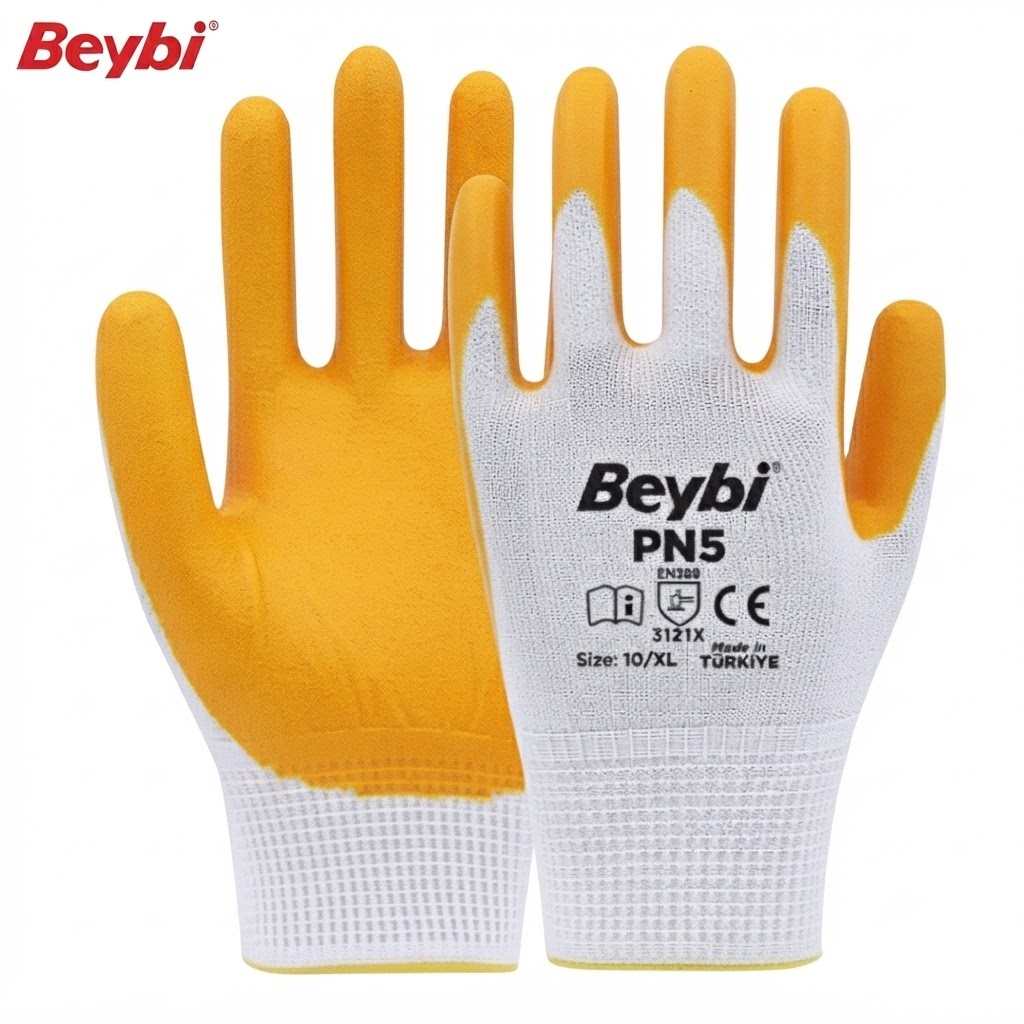 Pair of Beybi PN5 protective work gloves with yellow latex coating on the palms and fingers, white knit back, size 10/XL
