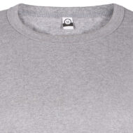 Close-up of a gray crew-neck sweatshirt showing fabric texture and size tag 'M' at the back of the neck, center top edge visible.