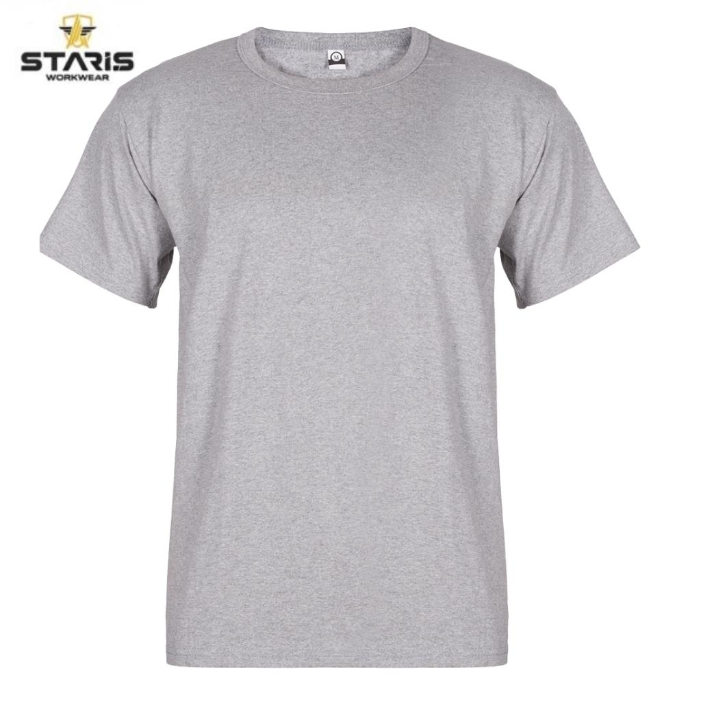 Light gray short-sleeve T-shirt on a white background with the Staris Workwear logo in the top-left corner.