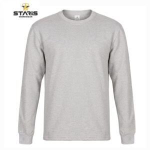 Grey long-sleeve crewneck shirt on a white background (Staris Workwear product image).
