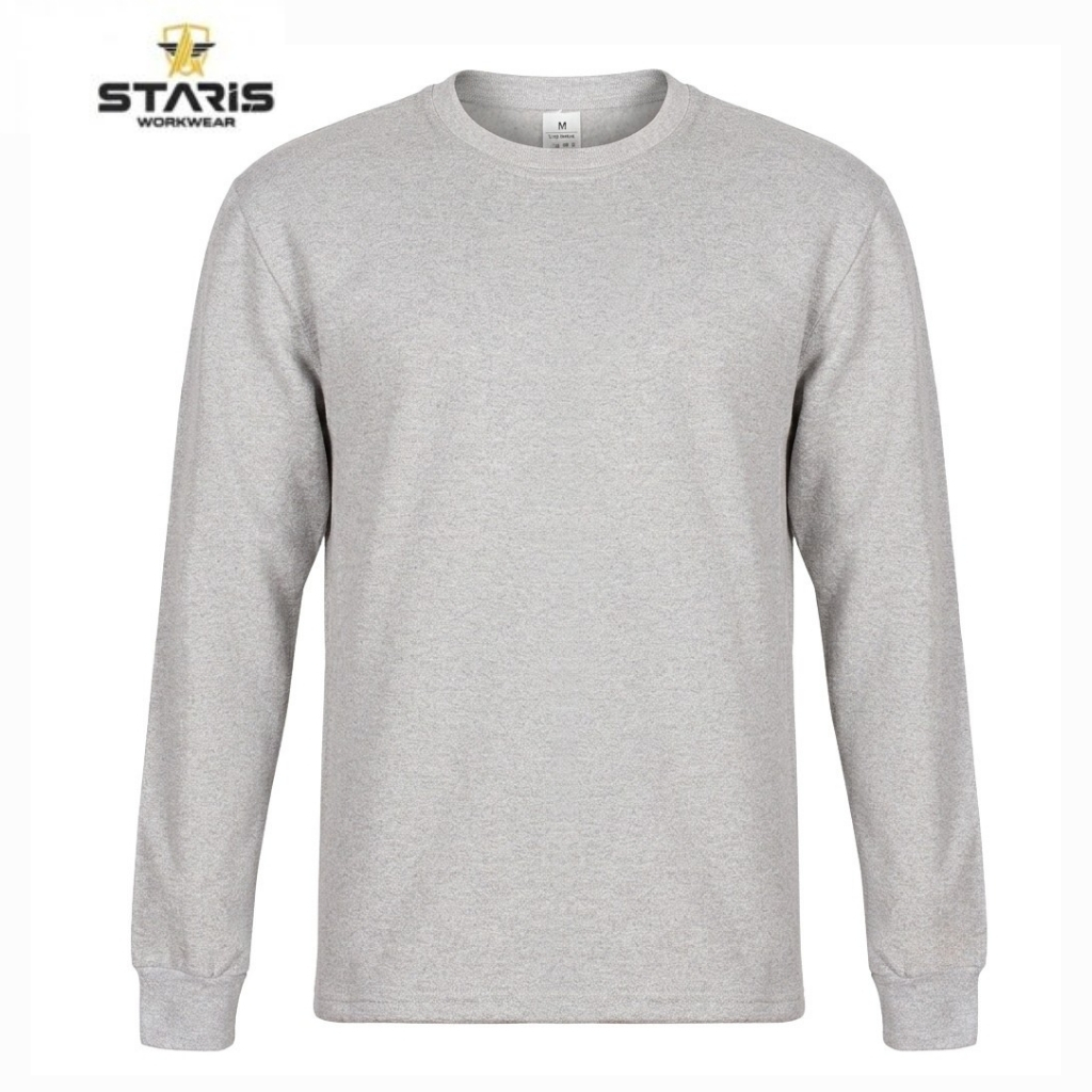 Grey long-sleeve crewneck shirt on a white background (Staris Workwear product image).