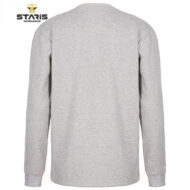 Back view of a light gray crewneck sweatshirt with a Staris Workwear logo in the top-left corner