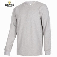 Grey heather long-sleeve crewneck shirt on a white background; Staris Workwear logo in the top-left corner.