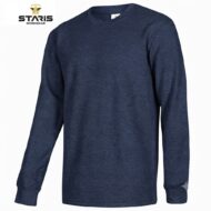 Navy blue long-sleeve crewneck shirt on white background; Staris Workwear logo in top-left.