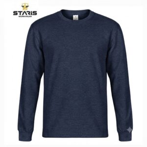 Navy blue long-sleeve crewneck shirt from Staris Workwear on a white background; plain front with Staris logo in the upper left.