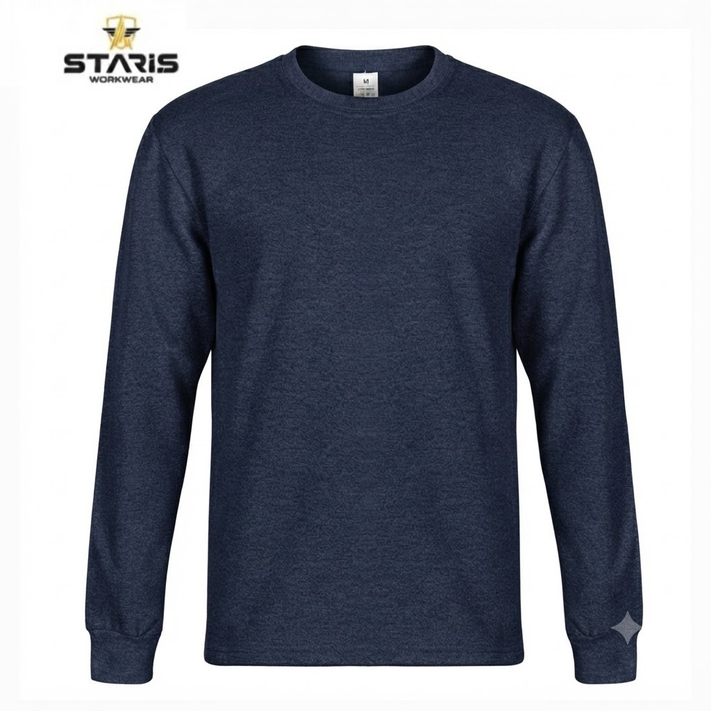 Navy blue long-sleeve crewneck shirt from Staris Workwear on a white background; plain front with Staris logo in the upper left.