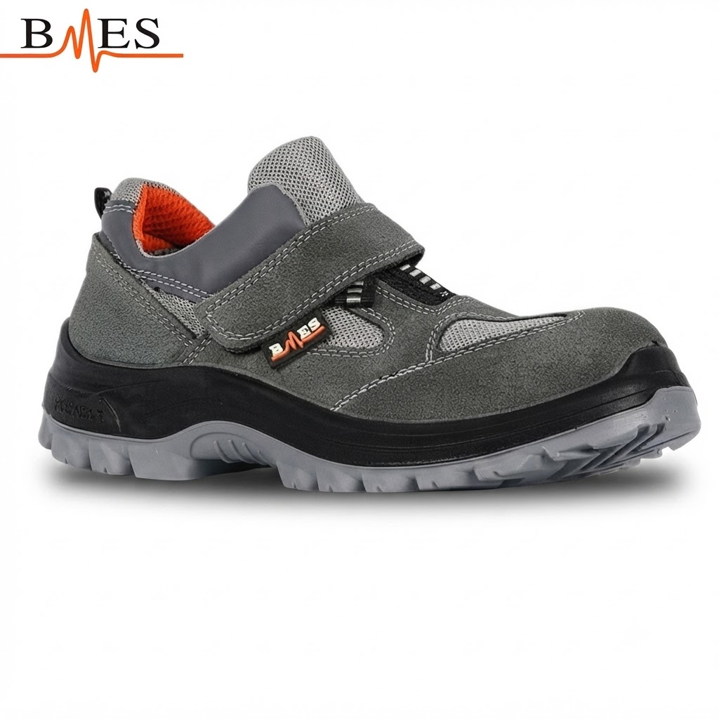 Gray work shoe with velcro strap and rugged outsole, designed for safety and durability (side view).