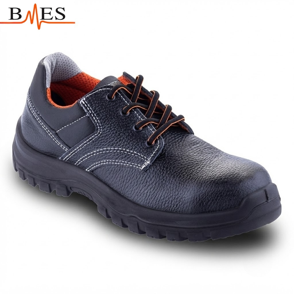 Black leather safety/work shoe with orange laces, white contrast stitching, and chunky treaded sole