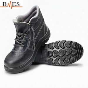 Black leather safety boot with padded collar and chunky tread sole; BMES logo in the top-left corner.