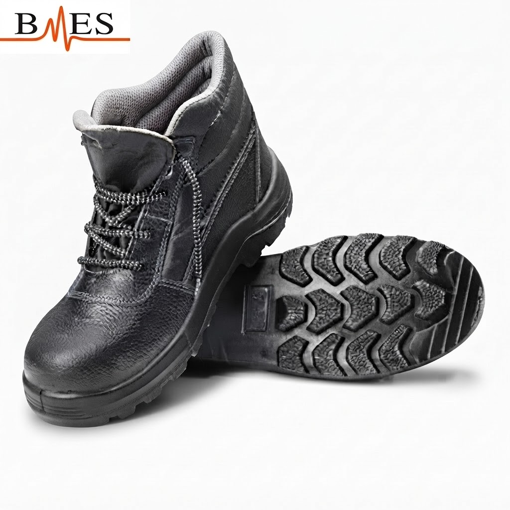 Black leather safety boot with padded collar and chunky tread sole; BMES logo in the top-left corner.