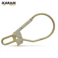 Auto-locking carabiner-style safety connector with a curved link, used in fall-arrest/industrial safety gear.