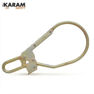 Auto-locking carabiner-style safety connector with a curved link, used in fall-arrest/industrial safety gear.