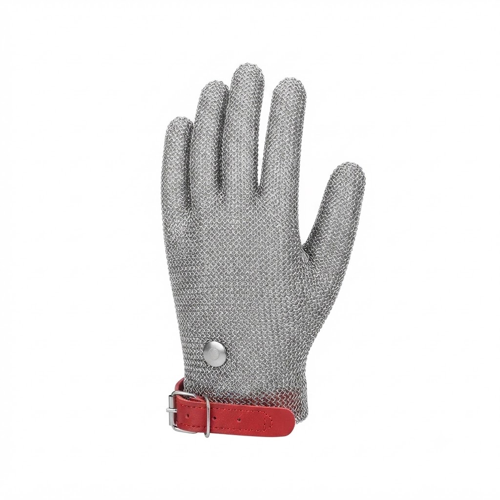 Protective chainmail glove with a red leather wrist strap and metal buckle used for hand protection in metalworking or fencing activities.
