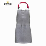 Metallic chainmail dress with bright pink handles on white background; Staris Workwear logo in the top-left corner.