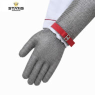Chainmail cut-resistant glove on a hand with a red adjustable wrist strap; Staris Workwear logo in the corner.