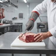 Butcher wearing a chainmail glove slicing a large raw steak on a white cutting board in a meat processing room.