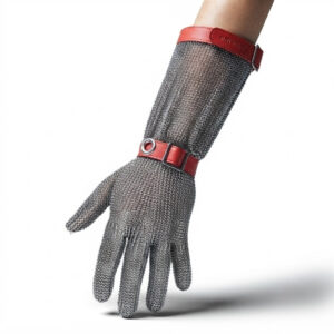 Chainmail gauntlet on a forearm with a red leather cuff, hand reaching toward a shadowed surface.