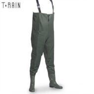 Olive green chest waders with black suspenders and rubber boots on a white background.