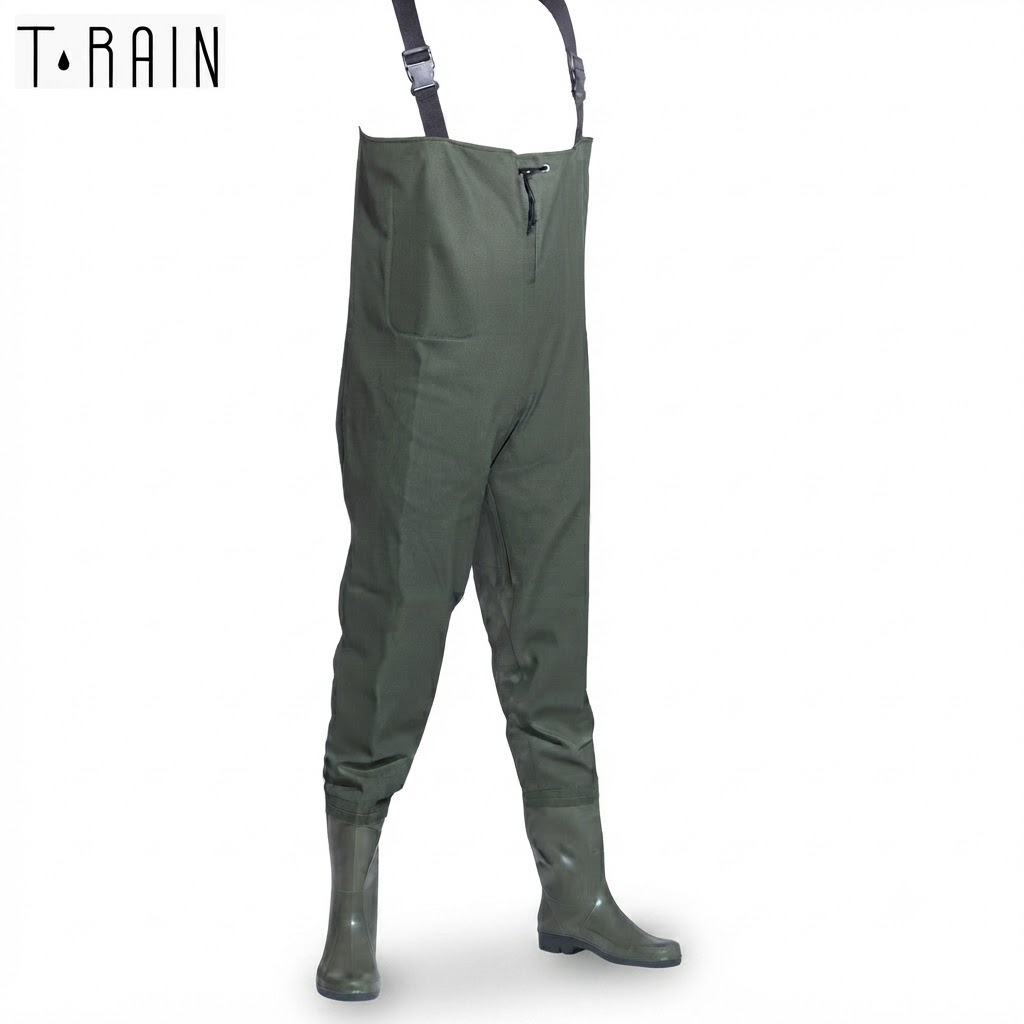 Olive green chest waders with black suspenders and rubber boots on a white background.