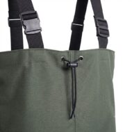 Olive green canvas bag with a black drawstring cinch and two adjustable shoulder straps