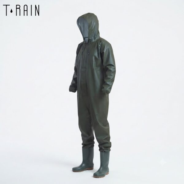 Person wearing a full olive-green rain suit with hood and matching rubber boots, standing against a light background (brand: T.RAIN).