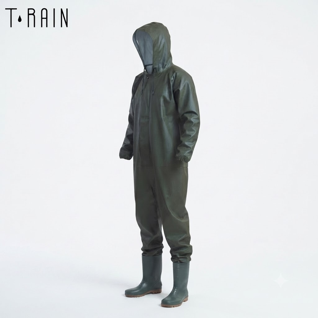 Person wearing a full olive-green rain suit with hood and matching rubber boots, standing against a light background (brand: T.RAIN).