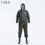 Full-body olive green waterproof hooded rain suit on a mannequin, with matching pants tucked into knee-high boots; brand logo appears in the top-left corner.
