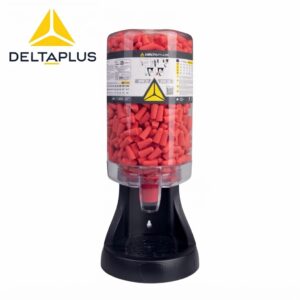 Delta Plus logo on left beside a tall clear bottle filled with red pellets mounted on a black dispenser on a white background.