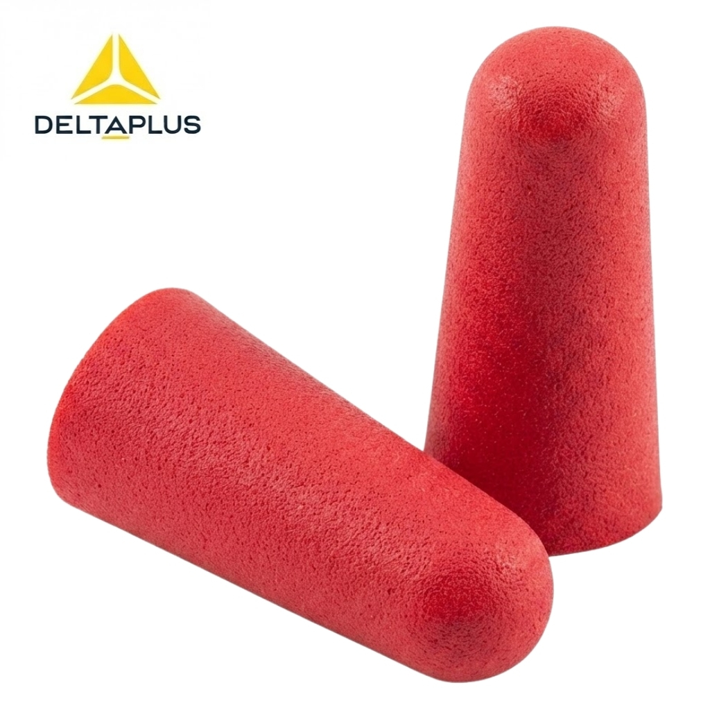 Pair of red foam earplugs, one upright and one lying down, with the Deltaplus logo in the corner (ear protection)