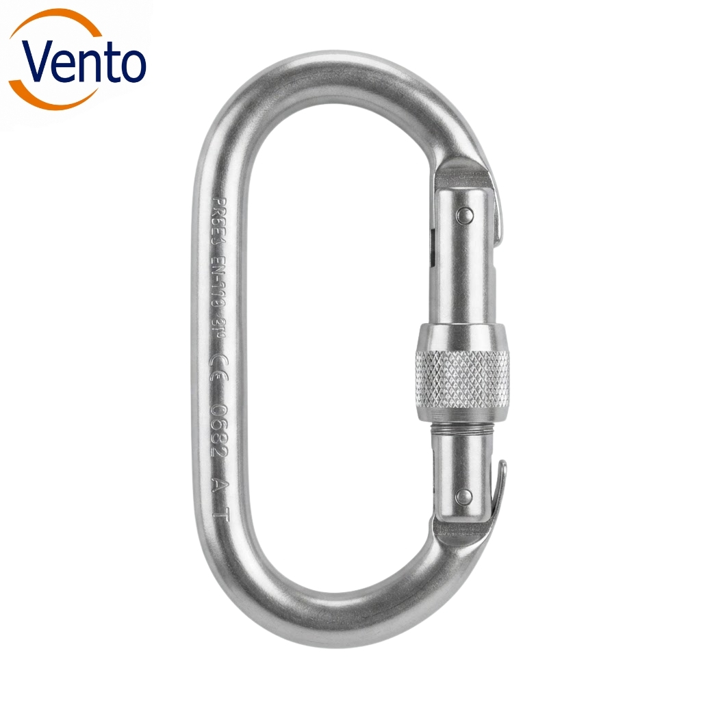 Locking metal carabiner with screw-lock gate and Vento logo in the corner.