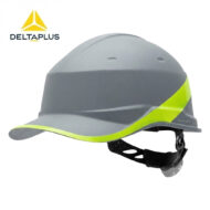 Gray industrial safety helmet with a neon yellow stripe, shown from the side with an adjustable chin strap; DeltaPlus logo visible in the top-left corner.