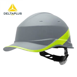 Gray industrial safety helmet with a neon yellow stripe, shown from the side with an adjustable chin strap; DeltaPlus logo visible in the top-left corner.